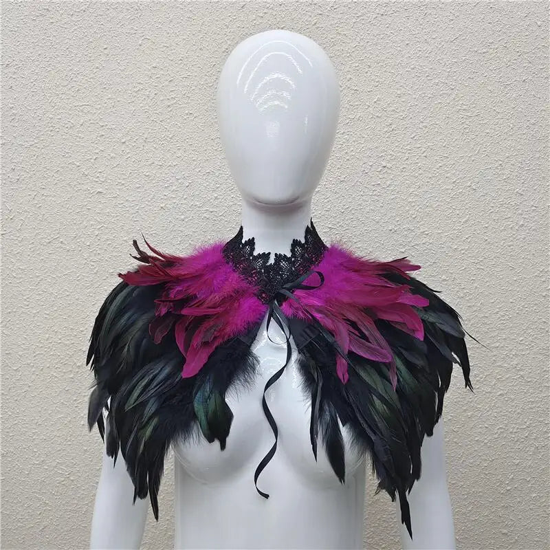 Gothic Feather Shawl for Men and Women Eye-Catching Short Cosplay Costume for Rave Punk Witch Maleficent Crow