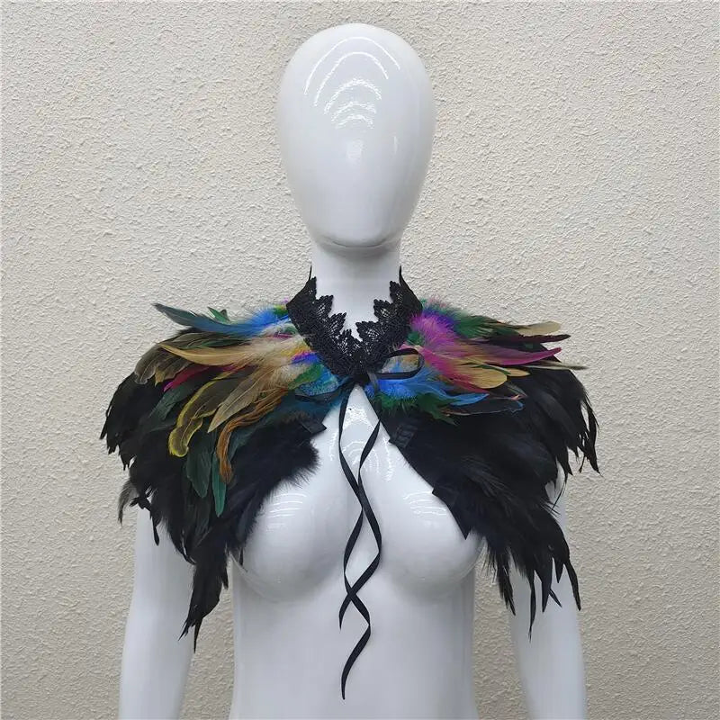 Gothic Feather Shawl for Men and Women Eye-Catching Short Cosplay Costume for Rave Punk Witch Maleficent Crow