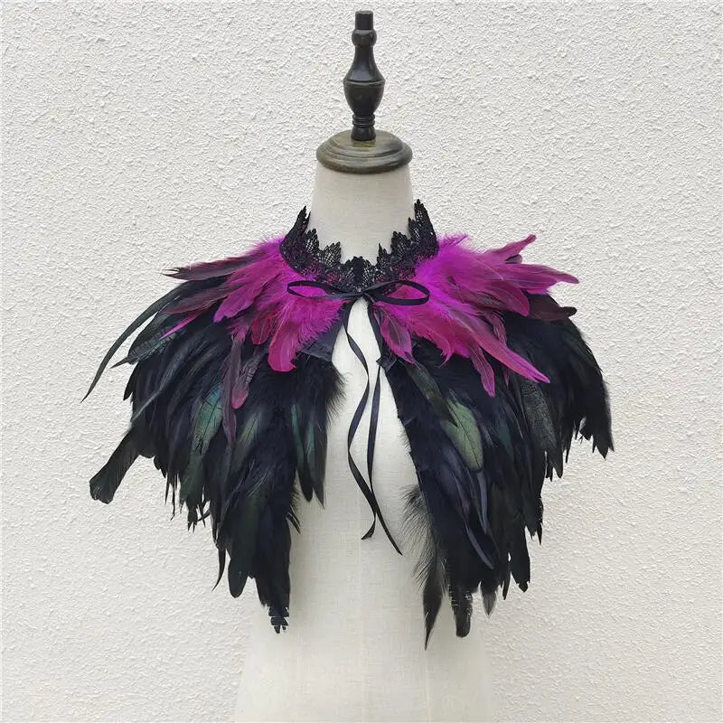 Gothic Feather Shawl for Men and Women Eye-Catching Short Cosplay Costume for Rave Punk Witch Maleficent Crow