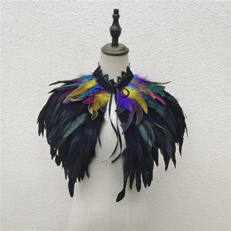 Gothic Feather Shawl for Men and Women Eye-Catching Short Cosplay Costume for Rave Punk Witch Maleficent Crow