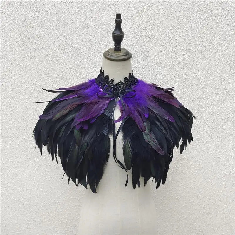 Gothic Feather Shawl for Men and Women Eye-Catching Short Cosplay Costume for Rave Punk Witch Maleficent Crow