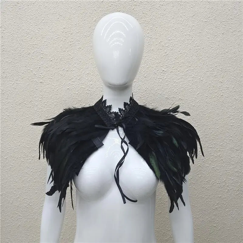 Gothic Feather Shawl for Men and Women Eye-Catching Short Cosplay Costume for Rave Punk Witch Maleficent Crow