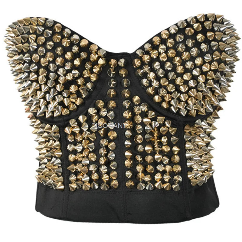 Sexy Metal Studded Corset Bra Punk Rave Silver Rivet Lingerie Women&